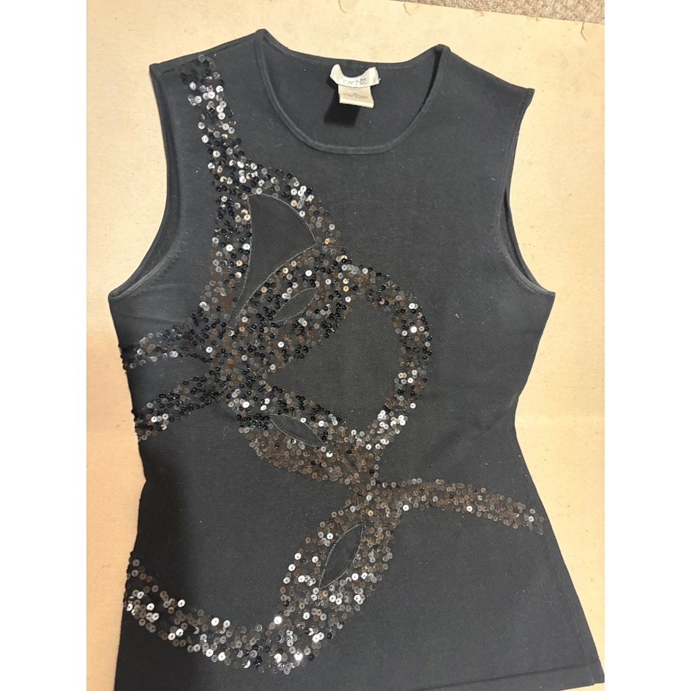Cache Womens Black Silk Blend Sequin Swirl Sleeveless Knit Top Size M